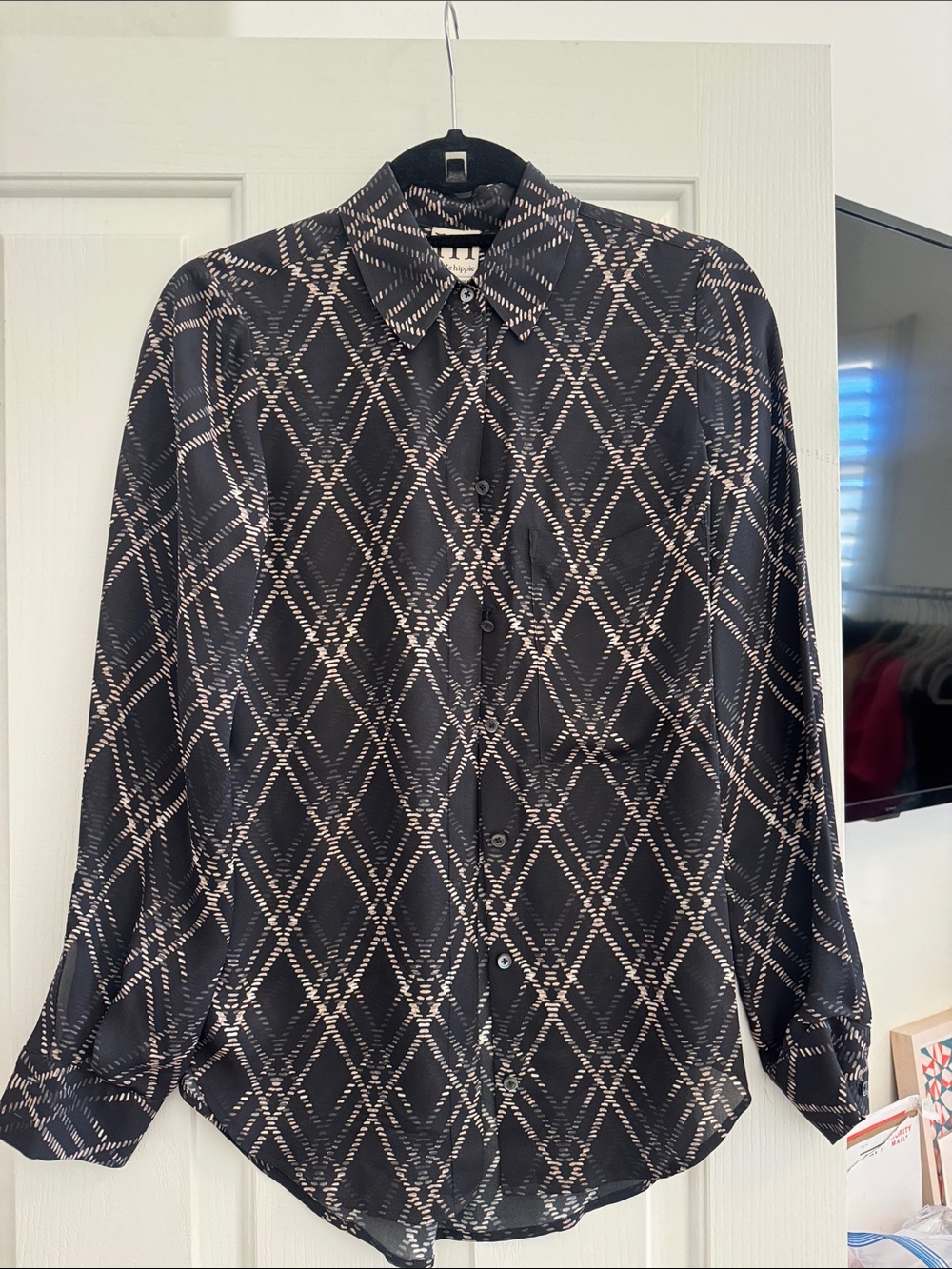 Haute Hippie Black Button-Down Blouse with Beige Lattice